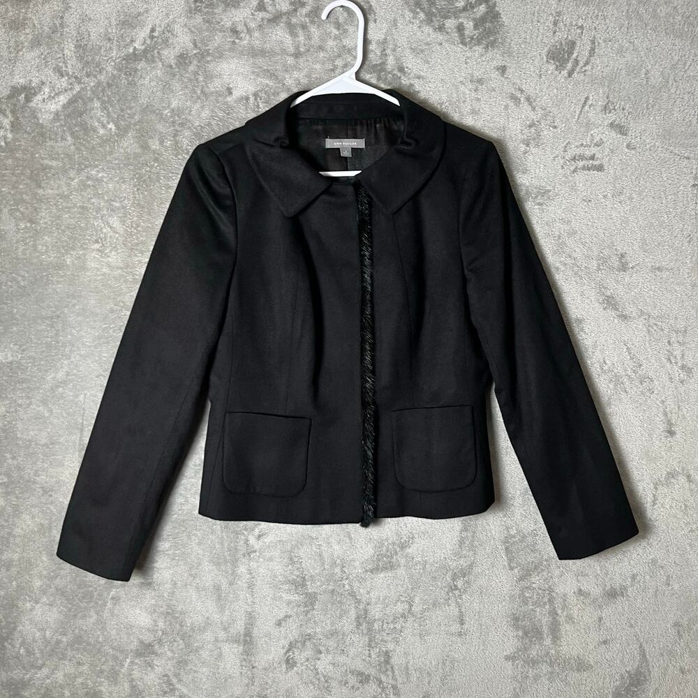 Ann Taylor Black Wool Cashmere Fur Trim Blazer Quiet Luxury Classic Chic Size 8